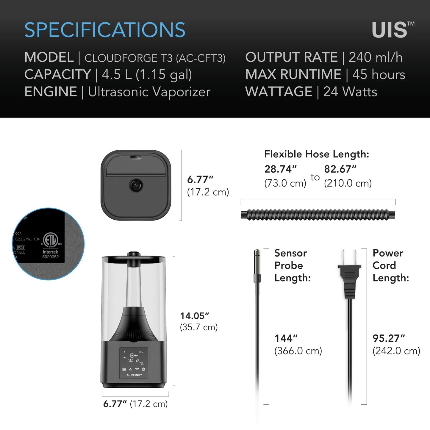 AC Infinity CLOUDFORGE T3, Plant Humidifier 4.5L with VPD Humidity Controls, 10-Level Precision Vaporizer, Extendable Targeting Hose and No-Leak Seal for Grow Tents