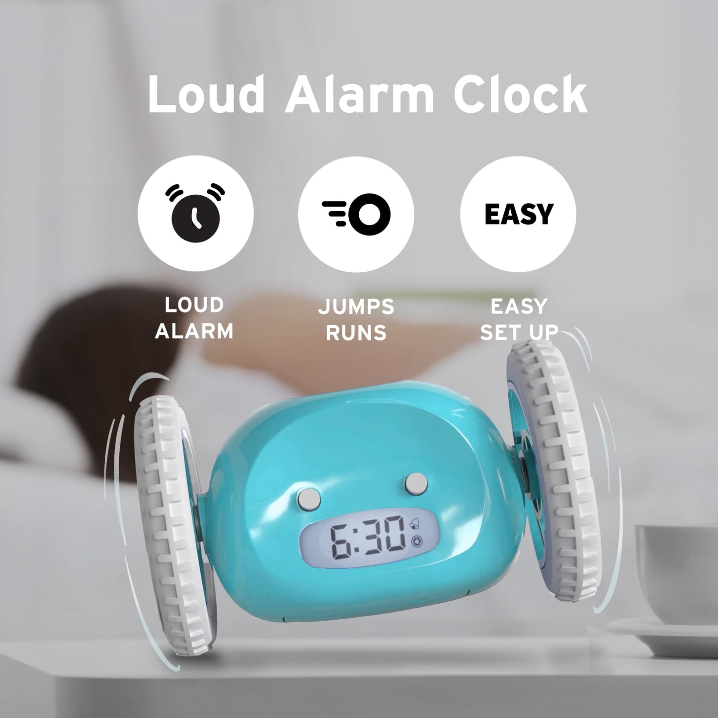 CLOCKY Extra Super Loud Alarm Clock for Heavy Sleepers Adults Kids Teens Bedroom, Move Jump Roll Run Away Easy to Set Smart Digital Alarm Clock on Wheels - Funny Gag Gift (Blue)