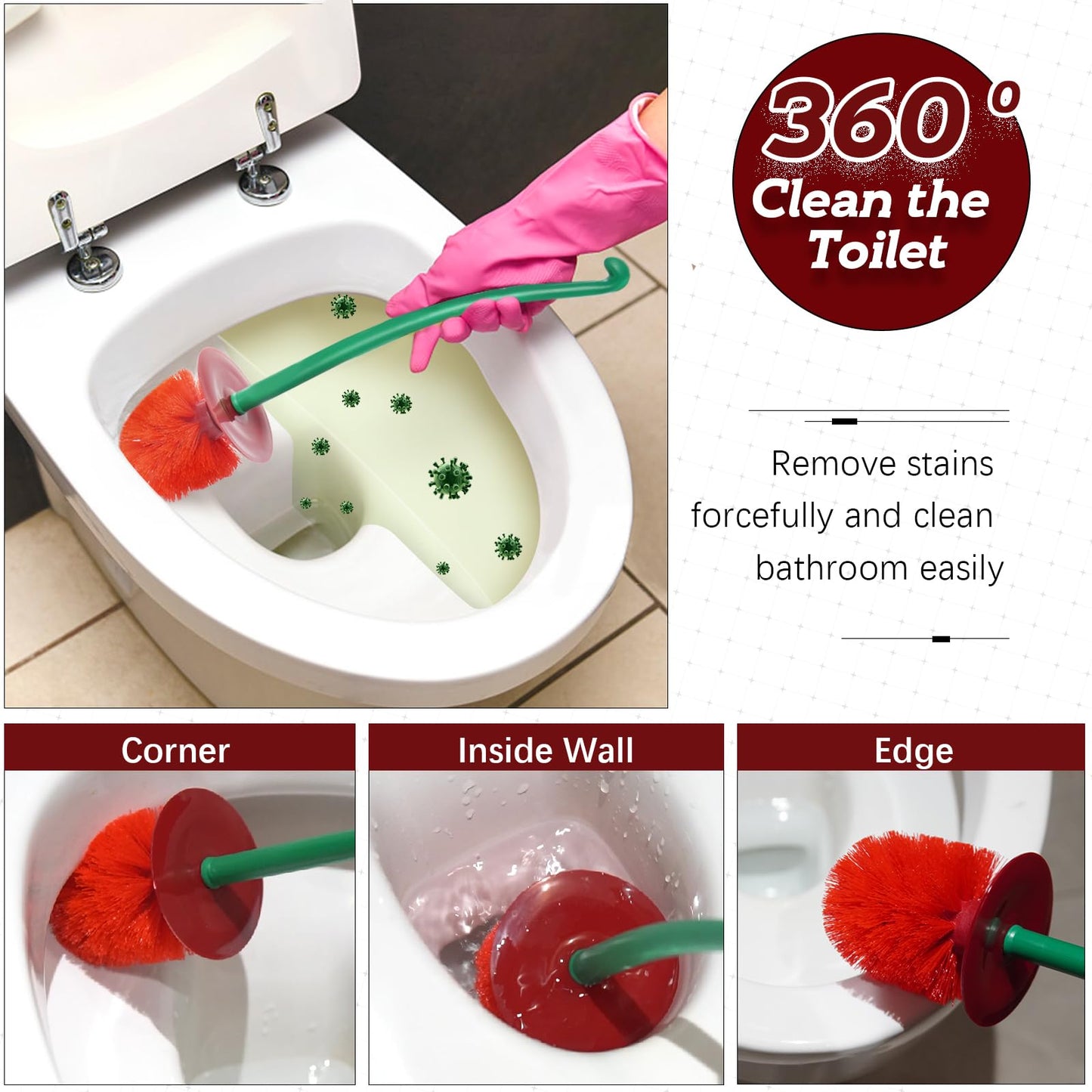 Creative Toilet Brush with Holder Bowl&Long Handle, Household Bathroom Cleaning Tool Cleaner and Base for Storage&Organization, Thick Bristle for Deep Clean-Rust Resistant Leakproof-Red Cherry Shape