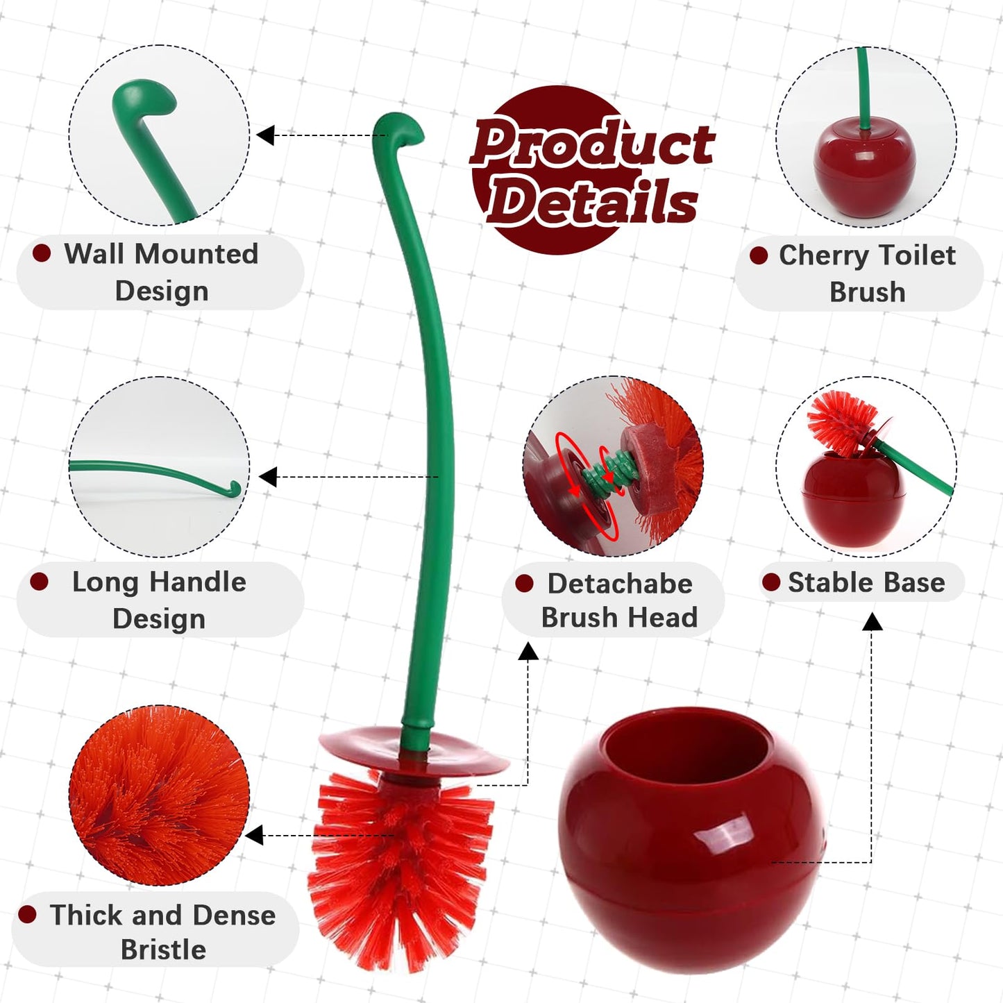 Creative Toilet Brush with Holder Bowl&Long Handle, Household Bathroom Cleaning Tool Cleaner and Base for Storage&Organization, Thick Bristle for Deep Clean-Rust Resistant Leakproof-Red Cherry Shape