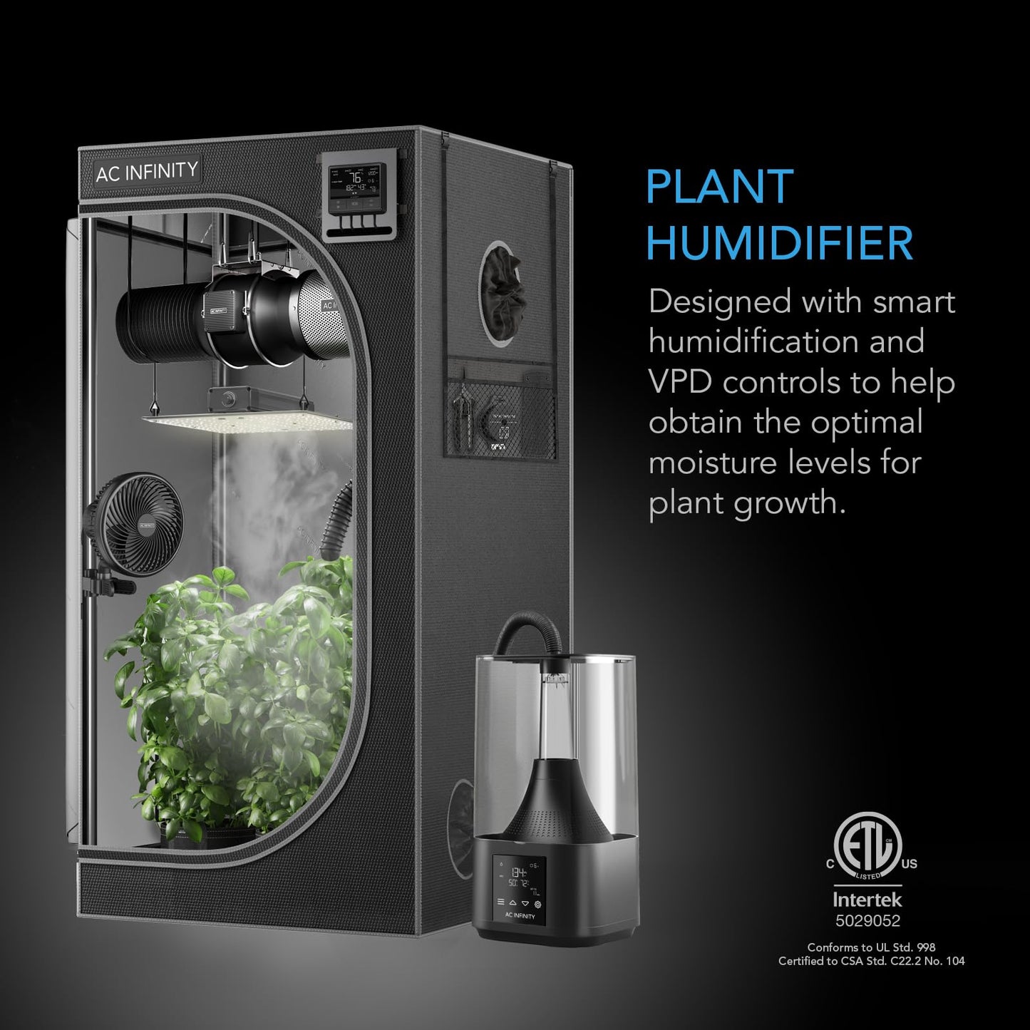 AC Infinity CLOUDFORGE T3, Plant Humidifier 4.5L with VPD Humidity Controls, 10-Level Precision Vaporizer, Extendable Targeting Hose and No-Leak Seal for Grow Tents