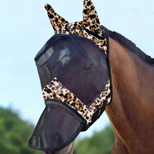 Harrison Howard LumiVista Horse Fly Mask Long Nose with Ears UV Protection for Horse Leopard Print L Full Size