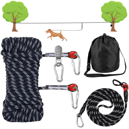 Dog Tie Out Cable for Camping,50ft Portable Overhead Trolley System with 10ft Runner Lead for Dogs up to 200lbs，Portable Reflective Dog Lead Line for Yard, Park and Outdoor (Black)